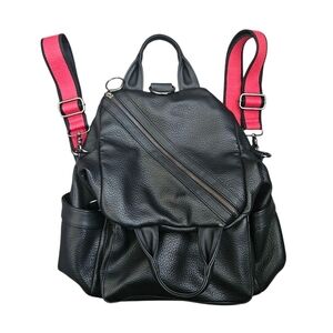 Like Dreams Black‎ Sideways Zip Backpack Vegan Leather Red Straps